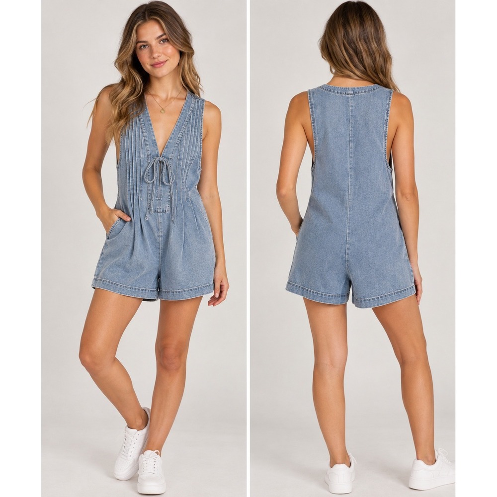 Lov Mob Light Wash Denim Pleated Lace Up Sleeveless Romper Blue Jumpsuit
